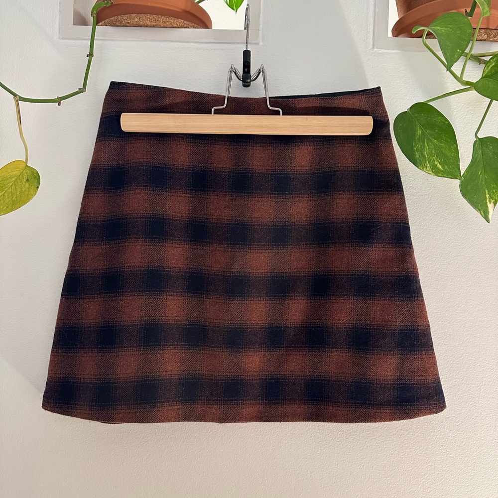 Aritzia Wilfred Checkered Wool Mini Skirt in Brown and Black